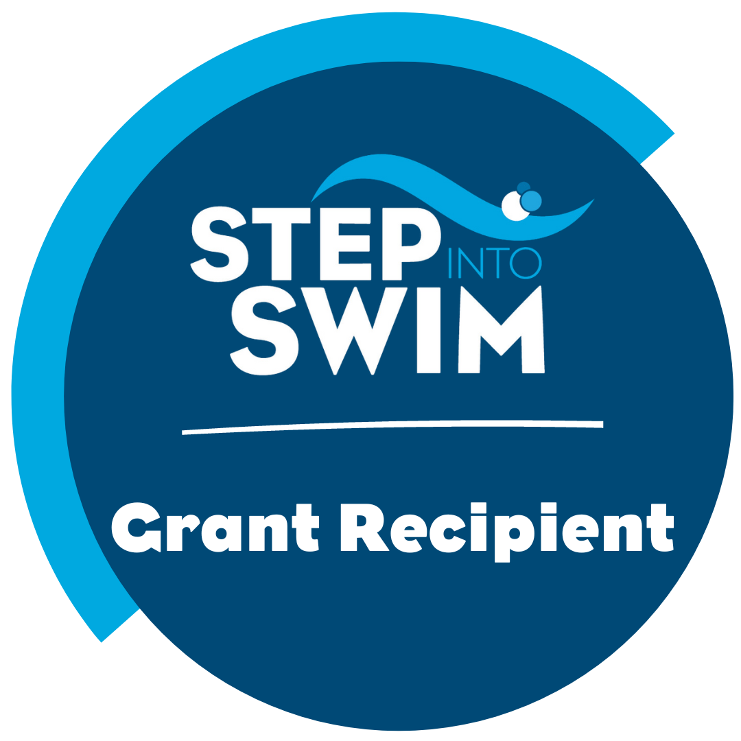 Blue circle stating "Step into Swim" with the words below it "Grant Recipient"